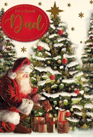 a christmas card for a special dad shows santa decorating a christmas tree