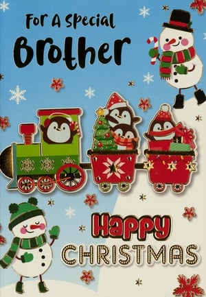 a christmas card for a special brother with penguins on a train