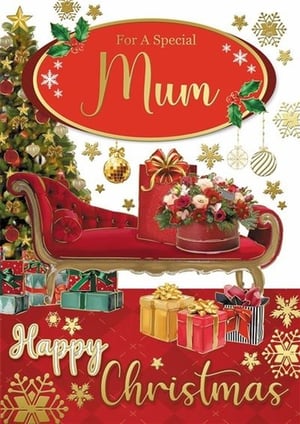 a christmas card for a special mum with a chaise lounge and gifts