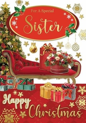 a christmas card for a special sister with a chaise lounge and gifts