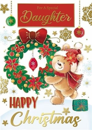 a christmas card for a special daughter with a teddy bear holding a wreath
