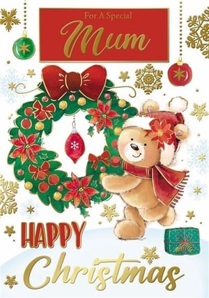 a christmas card for a special mum with a teddy bear holding a wreath