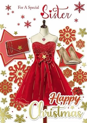 a christmas card for a special sister with a red dress