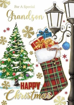 a christmas card for a special grandson with a christmas tree and a stocking