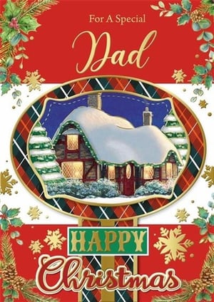 a christmas card for a special dad with a picture of a house in the snow