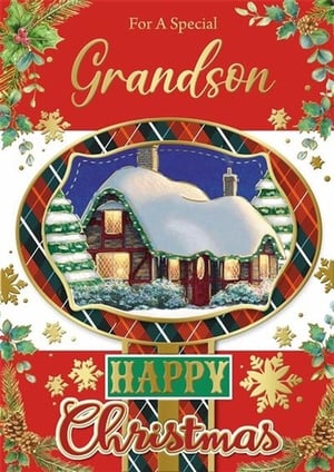 a christmas card for a special grandson with a house on it