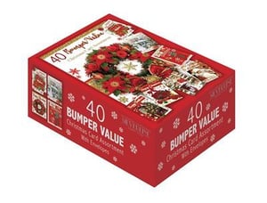 a red box filled with christmas cards and envelopes .