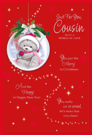a christmas card for a cousin with a teddy bear in a snow globe