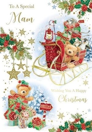 a christmas card for a special mam wishing you a happy christmas .