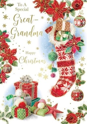 a christmas card for a great grandma with a stocking filled with gifts .