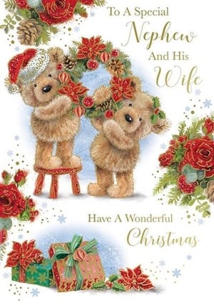 a christmas card for a special nephew and his wife with two teddy bears holding a wreath .