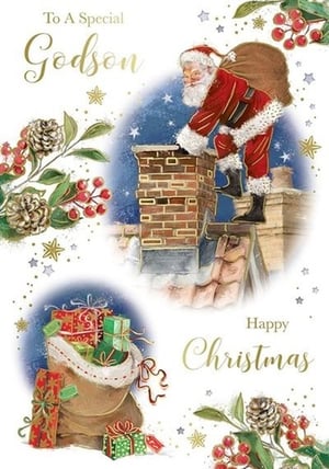 a christmas card for a special godson with santa climbing a chimney .