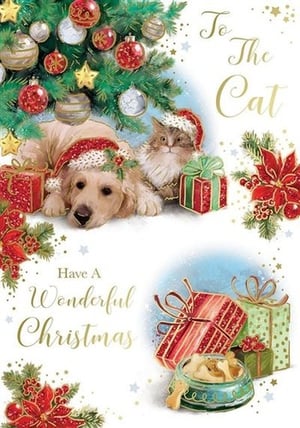 a dog and a cat are laying under a christmas tree on a christmas card .