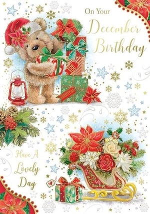 a christmas birthday card with a teddy bear holding gifts and a sleigh .