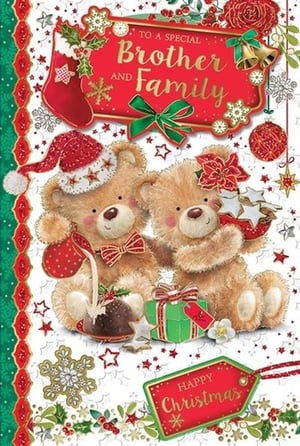two teddy bears are sitting next to each other on a christmas card .