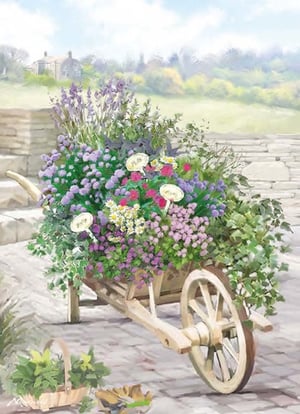 A painting of a wheelbarrow filled with flowers and herbs.