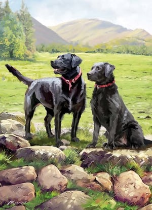 A painting of two black dogs standing next to each other.