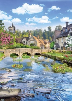 A painting of a bridge over a river with a church in the background.