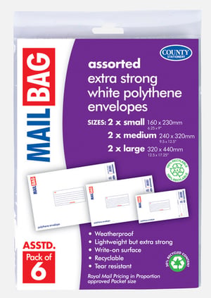 a package of assorted extra strong white polythene envelopes