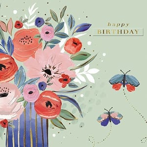 a happy birthday card with a bouquet of flowers and butterflies .