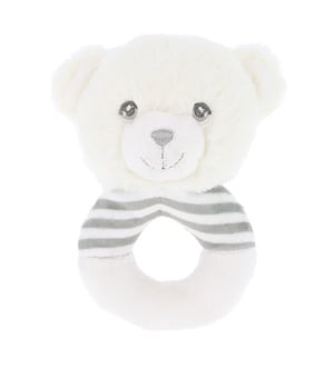 A white teddy bear with a gray and white striped ring around its neck.