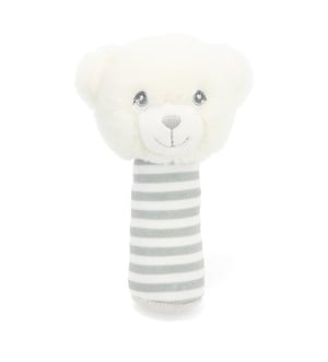A white teddy bear rattle with a gray and white striped handle.
