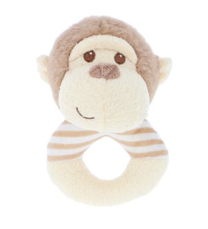 A stuffed monkey with a striped ring around its neck.