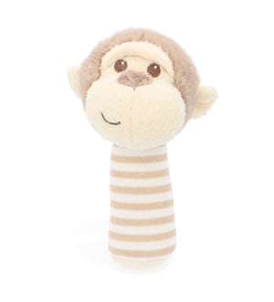 A stuffed monkey with a striped handle on a white background.