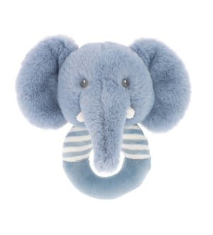 A blue stuffed elephant with striped trunk.