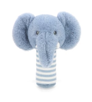 A blue and white stuffed elephant with a striped handle.