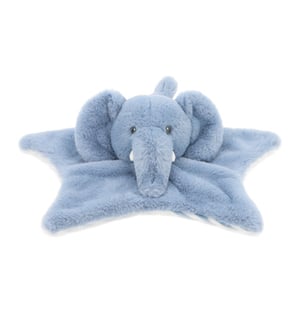 A blue stuffed elephant is lying on a star-shaped blanket.