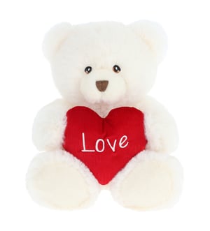 a white teddy bear with a red heart that says love