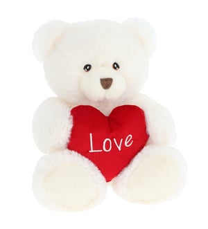 a white teddy bear is holding a red heart that says love
