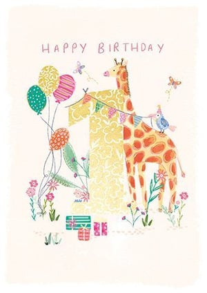 a happy birthday card with a giraffe holding balloons and flowers .