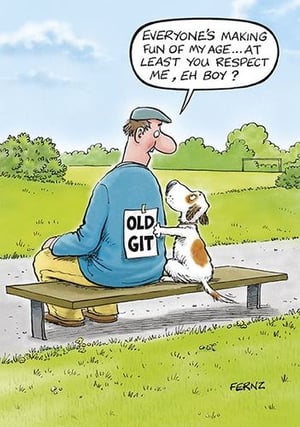 a cartoon of a man sitting on a bench with a dog .