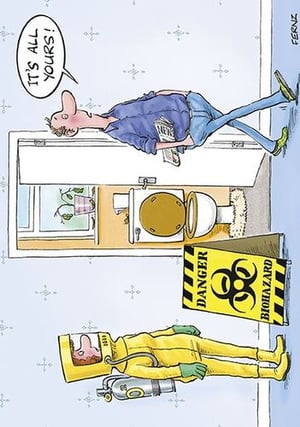 a cartoon of a man in a biohazard suit standing next to a toilet .