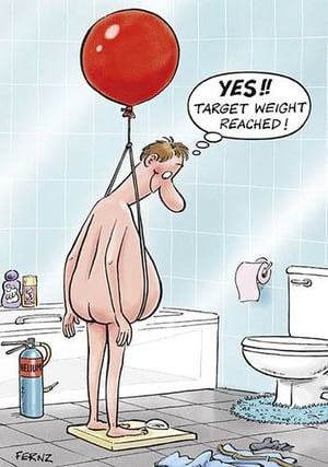 a cartoon of a man standing on a scale with a red balloon .