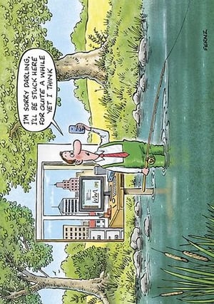 a cartoon of a man fishing in a river while looking at his phone .