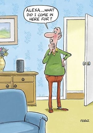 a cartoon of a man talking to alexa in a living room .