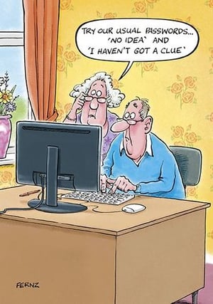 a cartoon of an elderly couple using a computer .