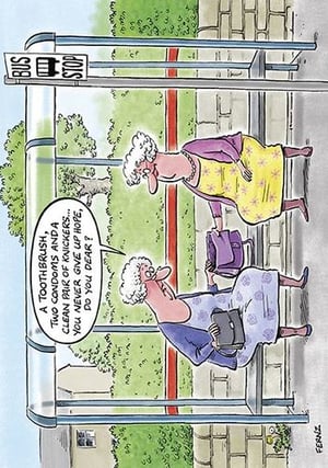 a cartoon of two women sitting at a bus stop talking to each other .