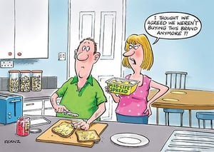 a cartoon of a man and a woman making toast in a kitchen .
