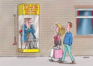 a cartoon of a man sitting in a glass box next to a woman .