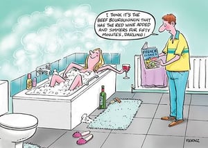 a cartoon of a man standing next to a woman in a bathtub .