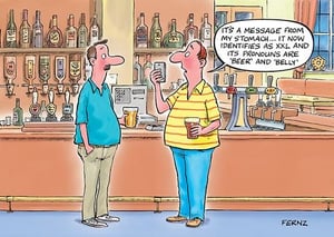 a cartoon of two men standing next to each other in a bar .
