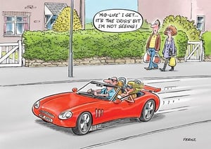 a cartoon of a man and woman driving a red sports car down a street .
