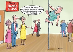 a cartoon of a woman dancing on a pole in a dance class .
