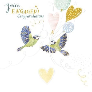 two birds are flying in the air with balloons and hearts .