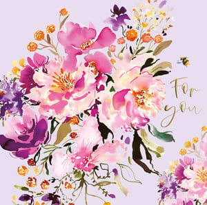 A purple background with pink and purple flowers and the words "for you."