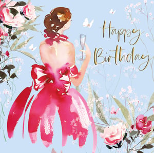 A birthday card with a woman in a pink dress holding a glass of champagne.